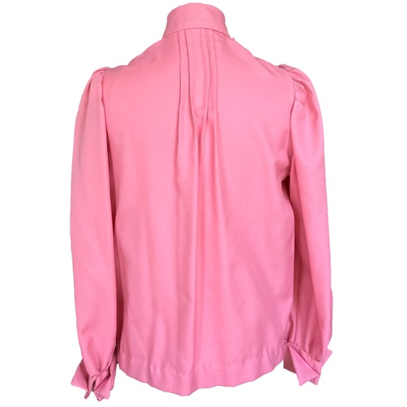 Vintage 70s peach pink bow button up long sleeve pleated secretary blouse - Picture 5 of 10